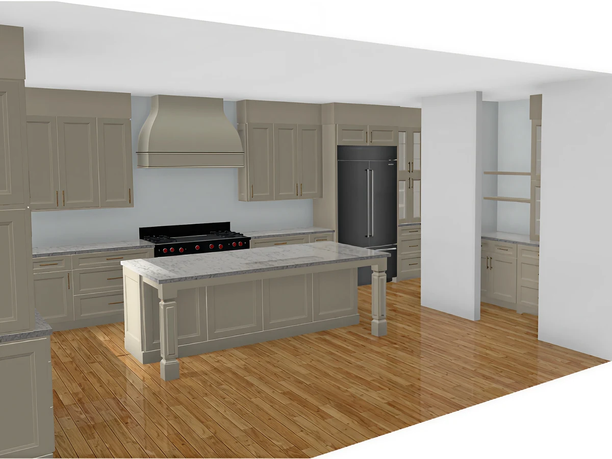 Finished kitchen with island, range hood, and custom cabinetry