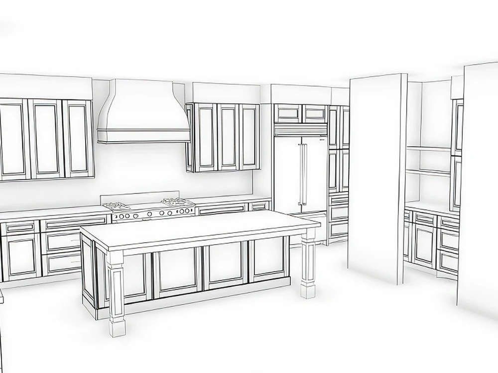 3D rendering of a kitchen cabinetry layout