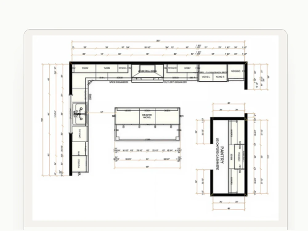 Kitchen cabinetry floor plan with measurements